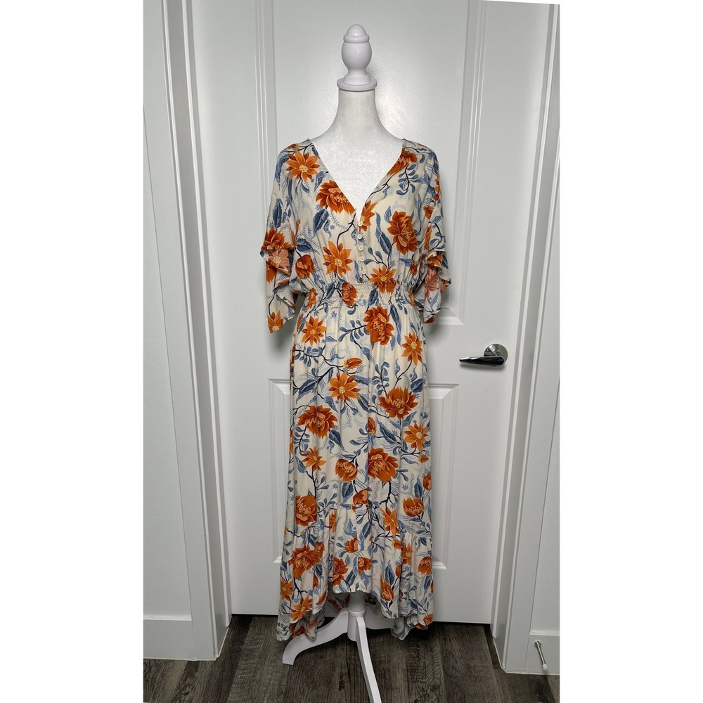 Abel The Label Medium Ivory Rust Blue Floral Hi-Low Maxi Dress Smocked  Boho